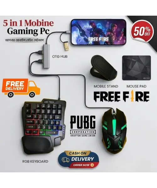 Wired OTG 5 in 1 Mobile Game Combo Pack Price in Bangladesh | PUBG Free Fire Gaming Kit Keyboard Mouse Converter BD